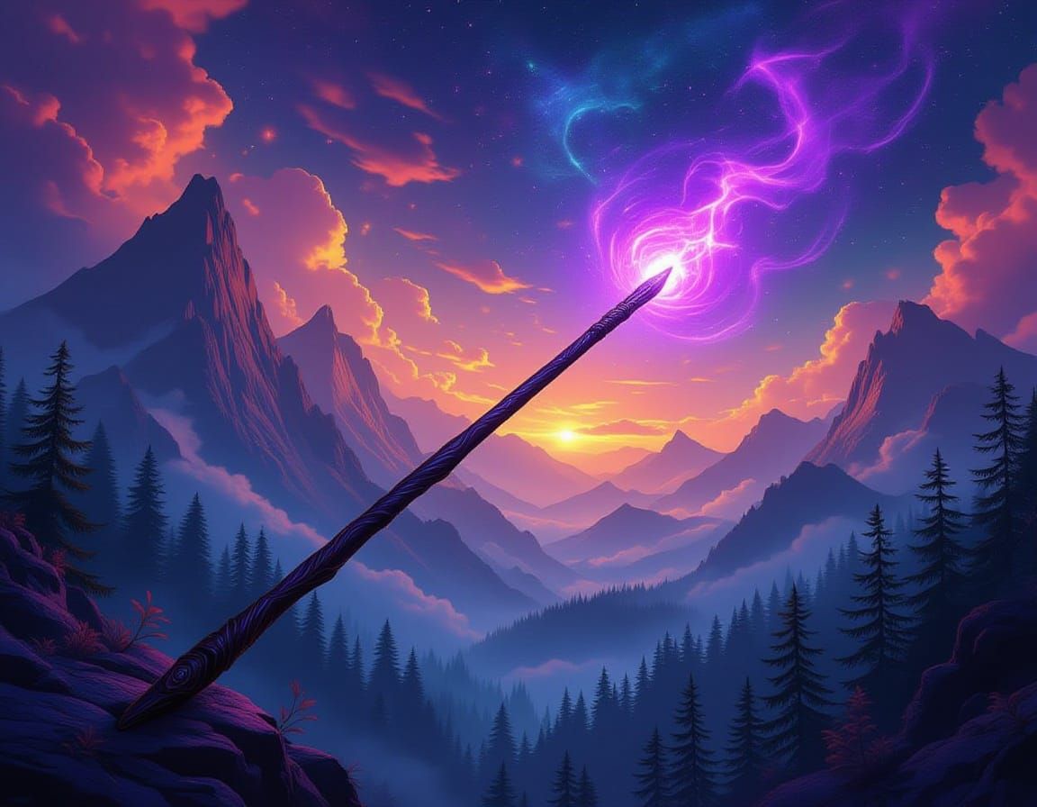 Magical Wizard Wand in Cosmic Surreal Landscape