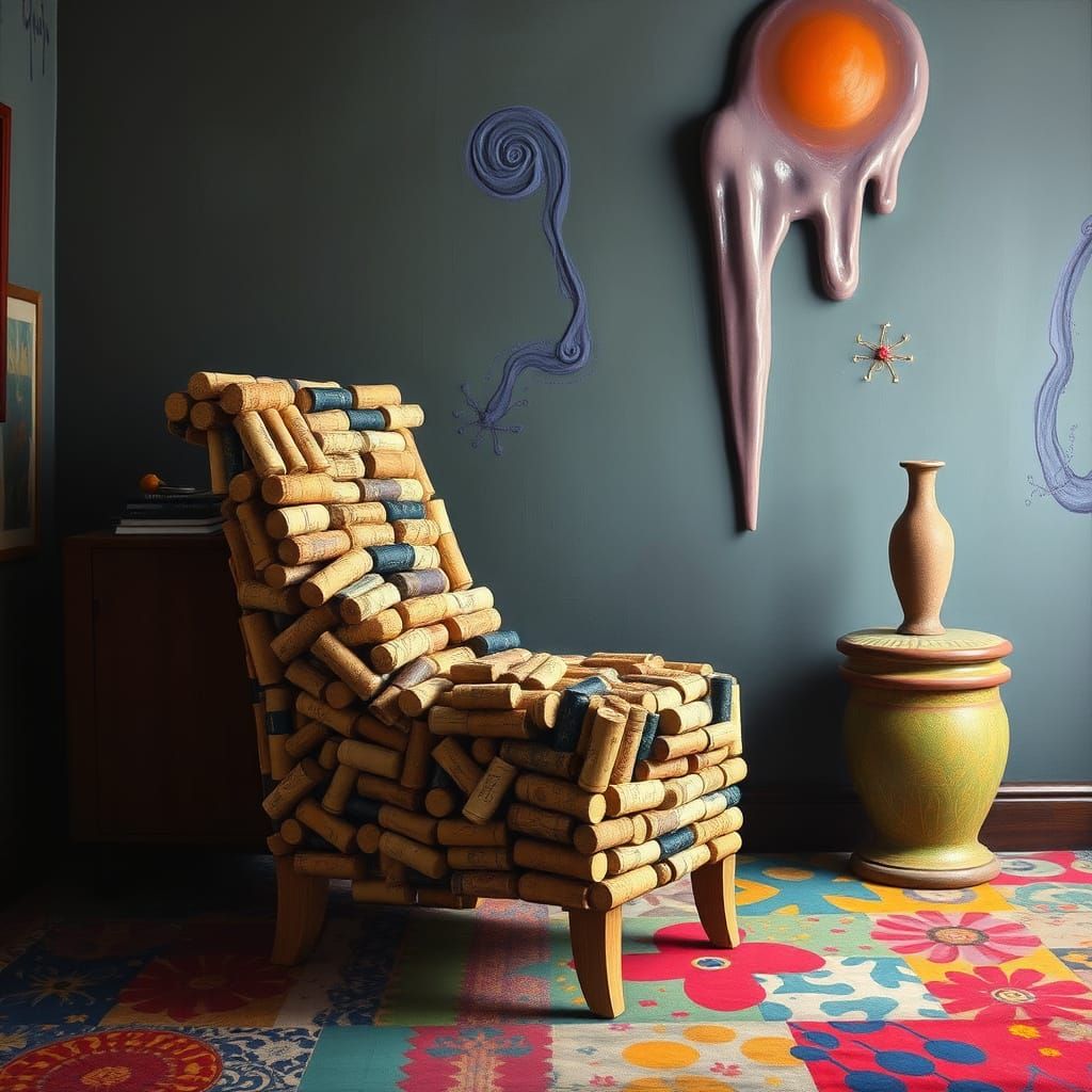 Surrealistic Wine Cork Chair in a Dreamlike Setting