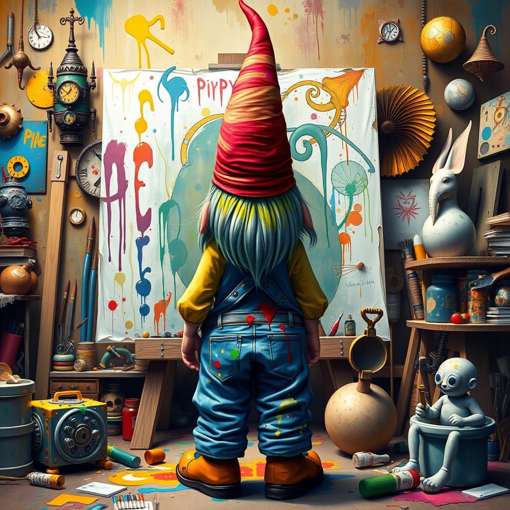 In a hidden realm where the bizarre intertwines with the mundane, a gender-fluid gnome, adorned in paint-splattered over...