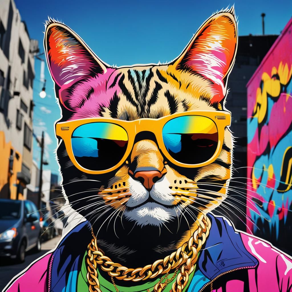 Hip Hop Cat in Urban Stencil Art Style