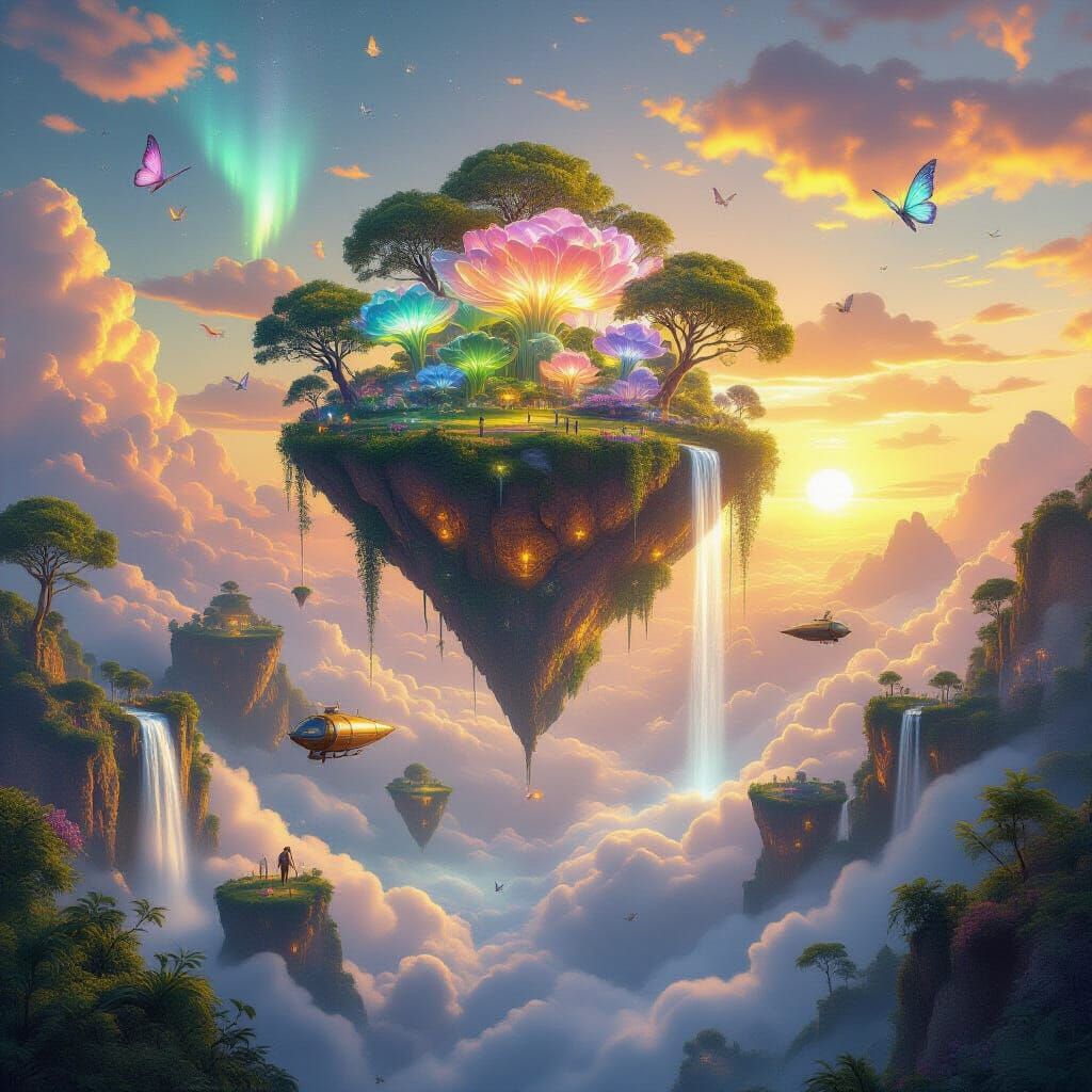 Colossal Floating Island Garden at Golden Sunset