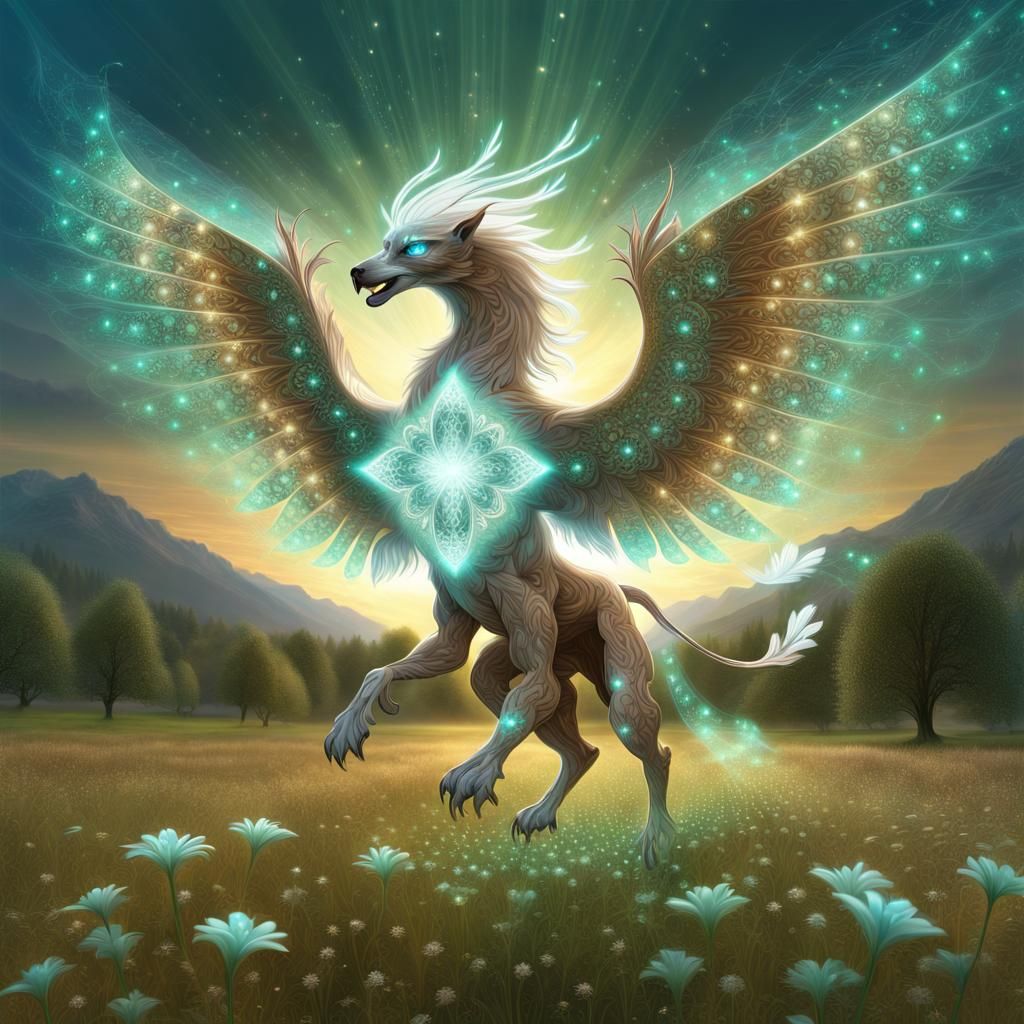 Cybernetic Griffin Soaring Over Incandescent Meadow