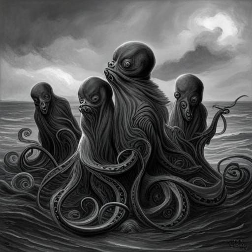 Horrific Octopus Gang in Engraving Style