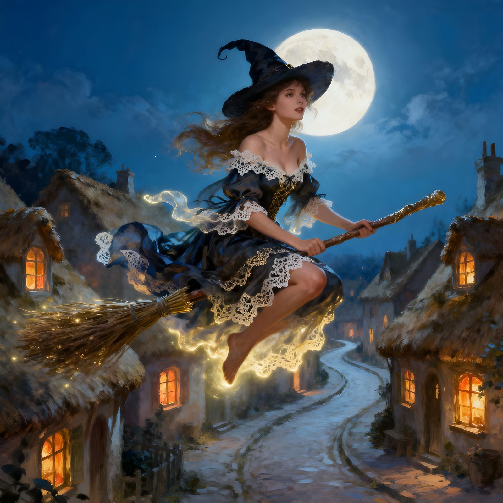Young Witch Flies Over Village Under Moonlit Sky