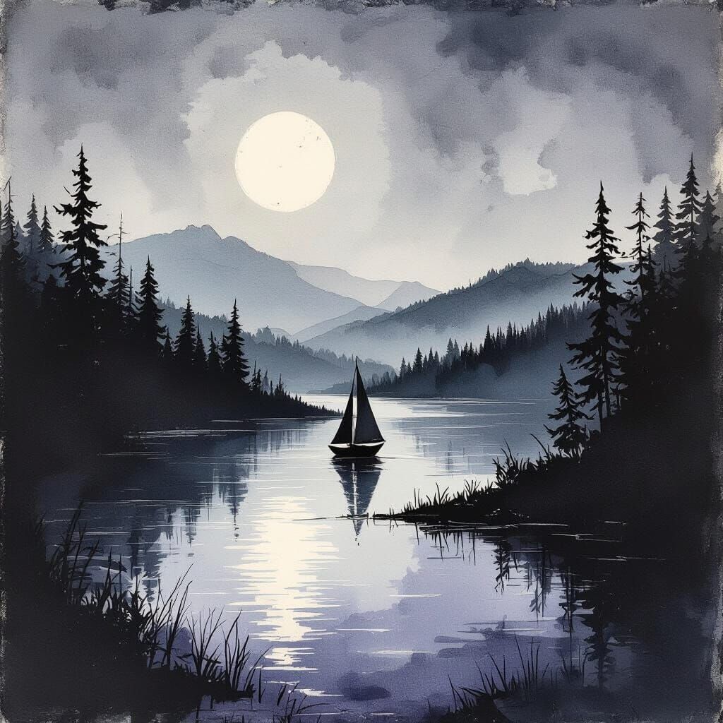 Vintage Ink Painting of Sailboat at Night