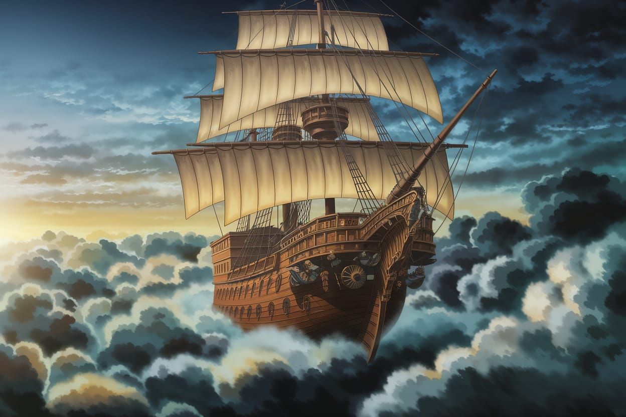 Steampunk Pirate Ship Soaring Through Clouds