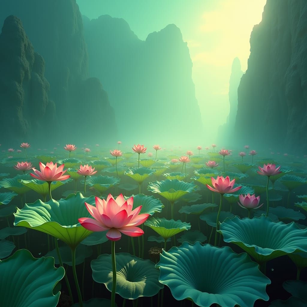 Lotus Field Sandstorm in a Dramatic Concept Art Style