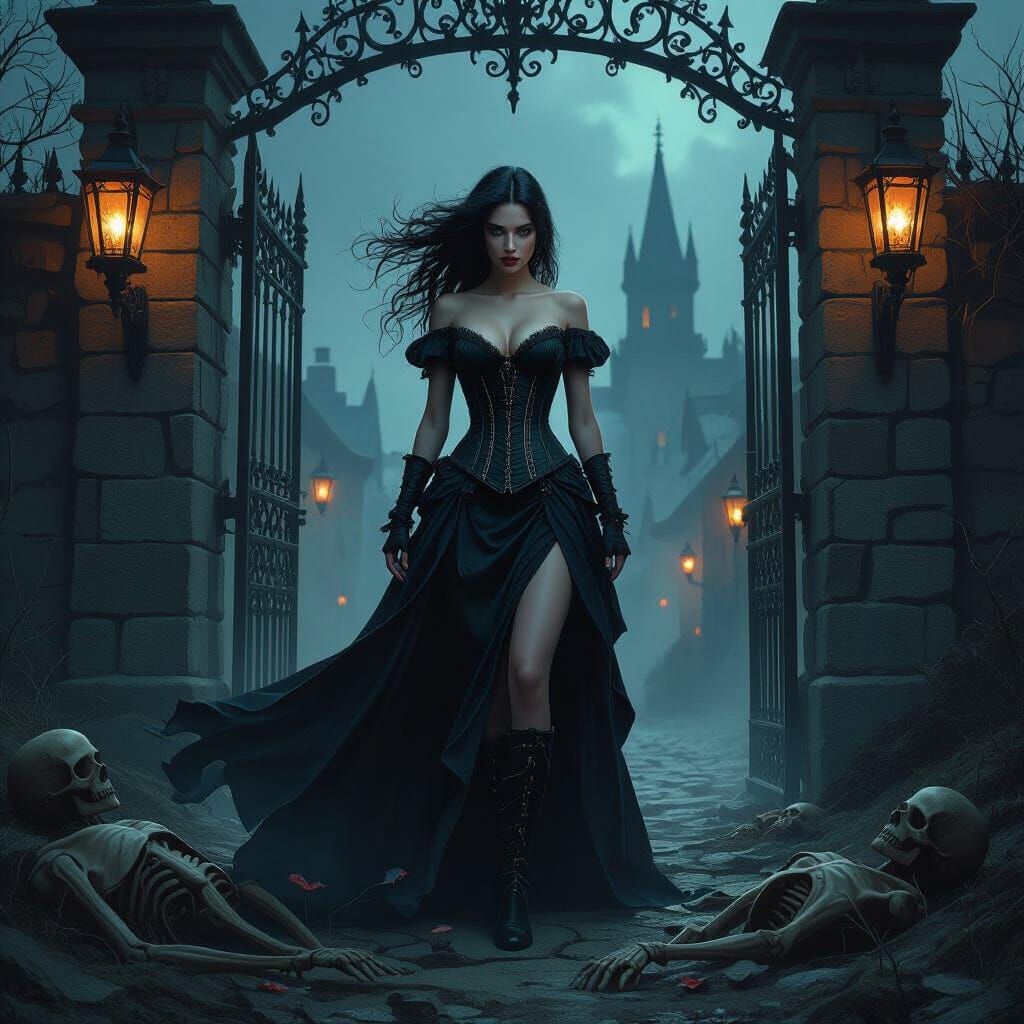 Gothic Model at Imortia Gate in High-Fantasy Style