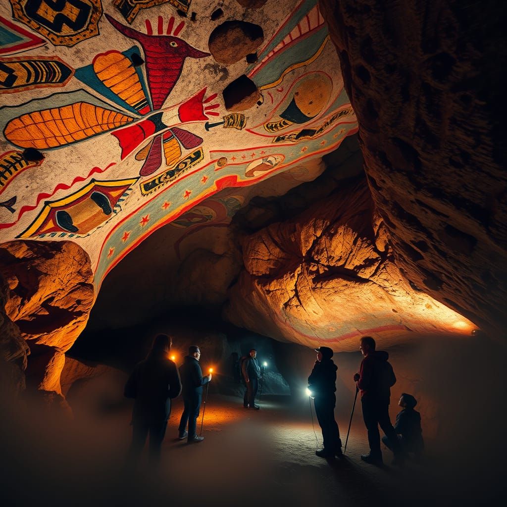 Cave Expedition with Colorful Paintings and Headlamps