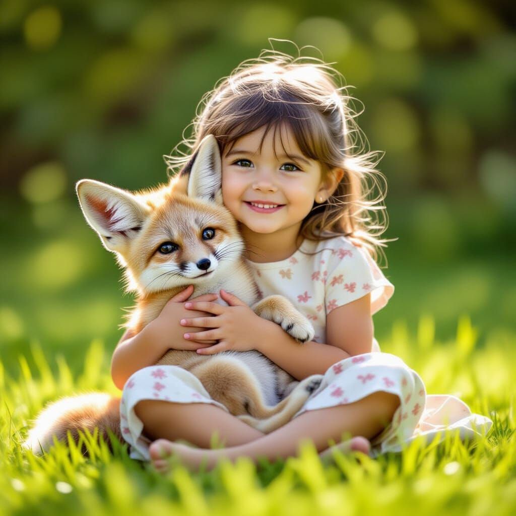 Girl and Fennec Fox in Sunlight