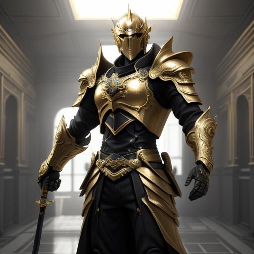 Golden Knight with Sword in Ornate Hallway