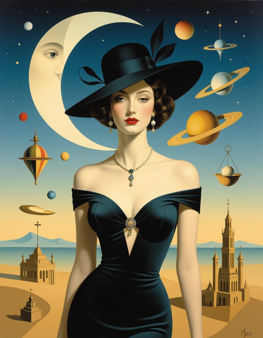 Surreal Woman Portrait in Dalí Olbiński de Lempicka Style