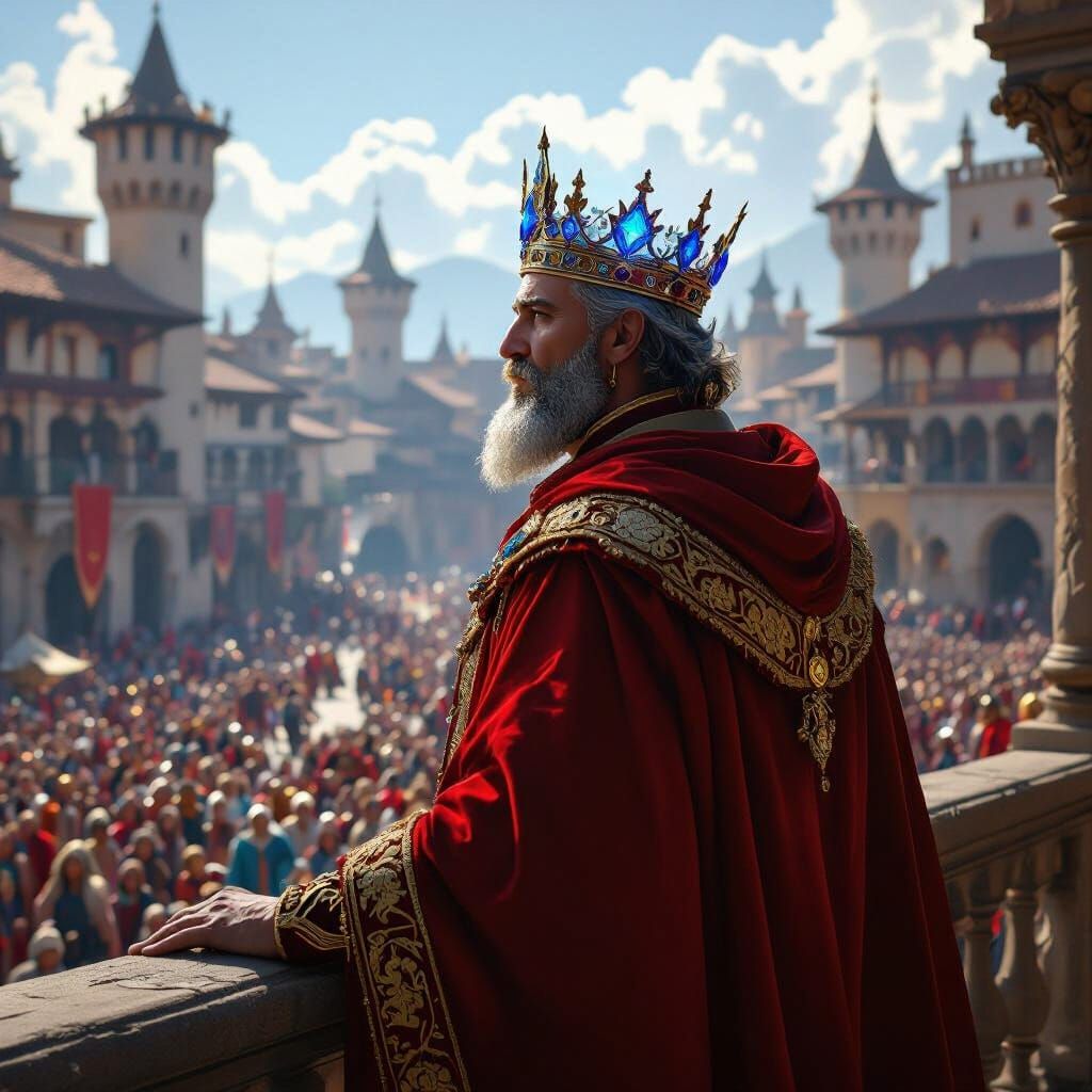 Majestic King with Blue Mithril Crown Overlooking Town Squar...