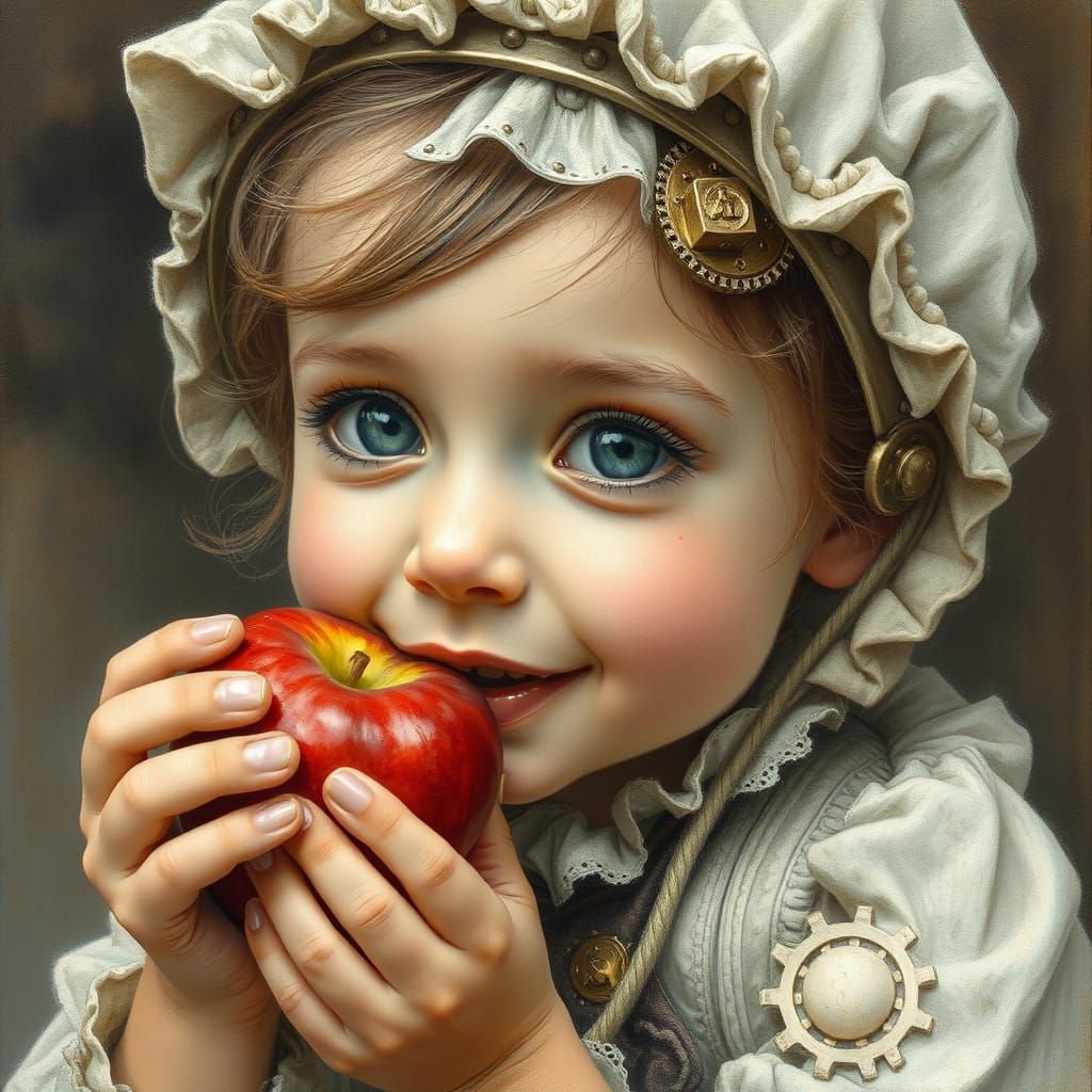 Steampunk Girl Bites Apple in 19th Century Style