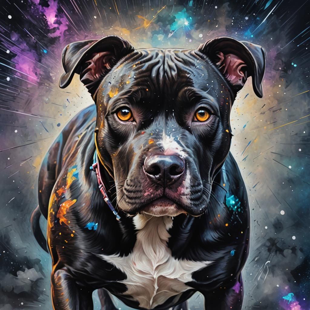 Black Pit Bull Dog in Cosmic Mixed Media Style