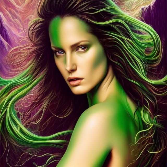 Emerald Essence: Sensual New Zealander Woman in Ethereal Fan...