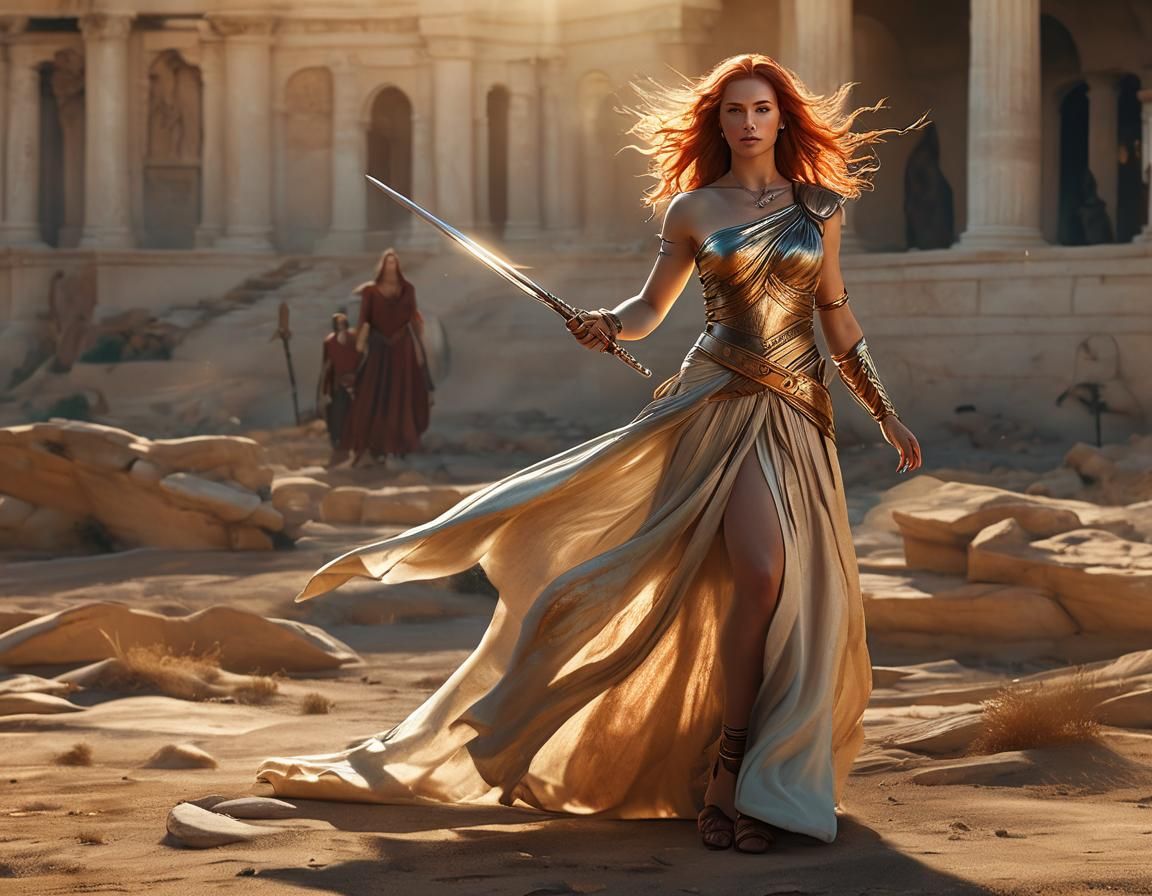 Goddess with Sword in Sunlit Battlefield, Digital Art