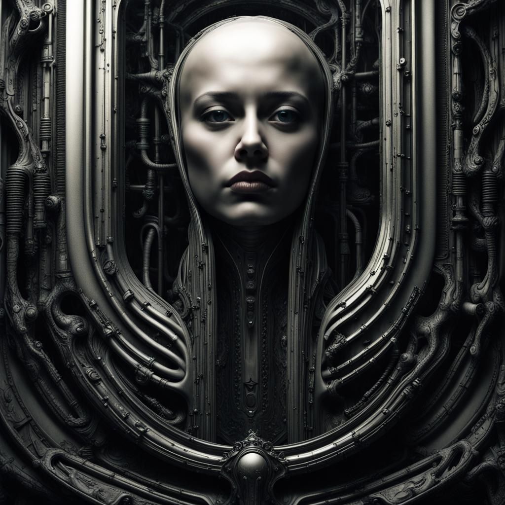 Biomechanical Portrait with 3D Interface in Giger Style