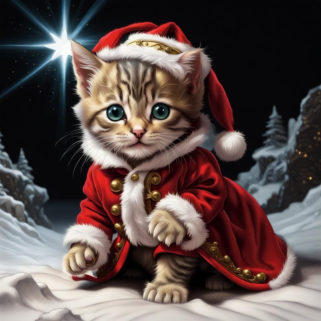 Cute Kitten as Santa in Digital Baroque Style