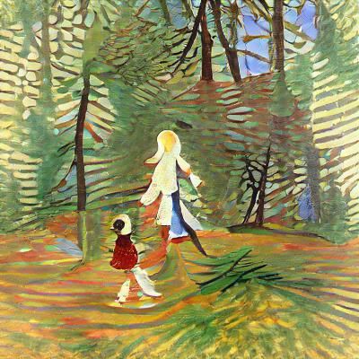 Mother and Child Stroll Through Sunny Forest