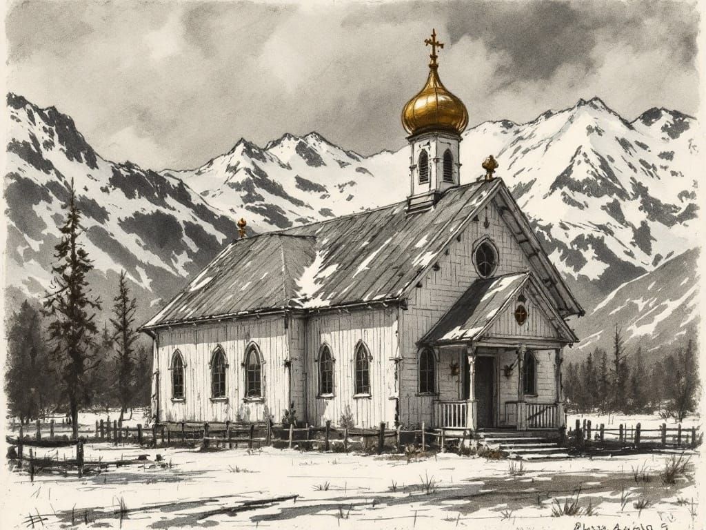 Charcoal Sketch of Orthodox Church in Majestic Winter Landsc...