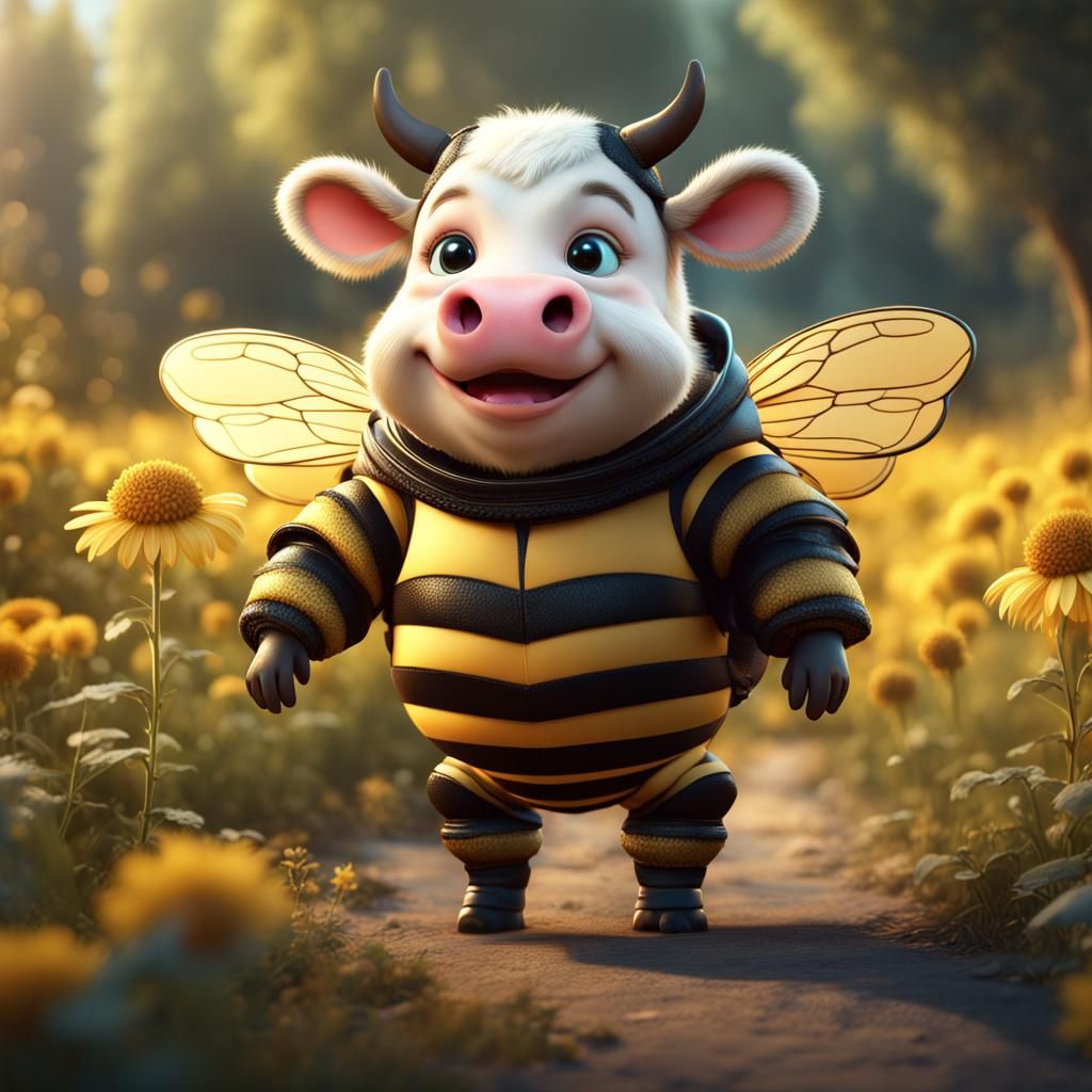 Cow in Bee Costume, Detailed Digital Art