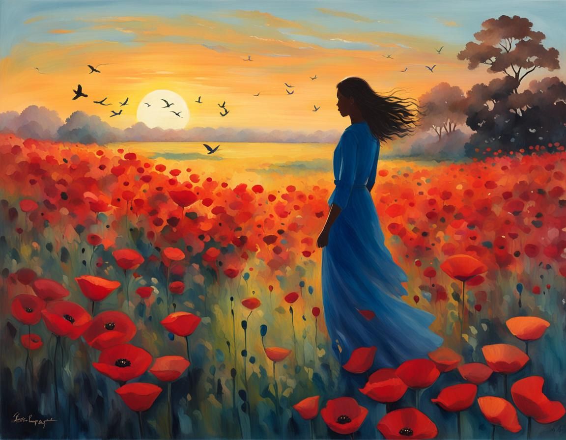 Woman in Poppy Field at Dawn