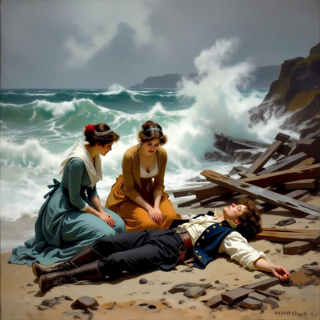 Stormy English Coast Scene with Shipwrecked Sailor and Regen...
