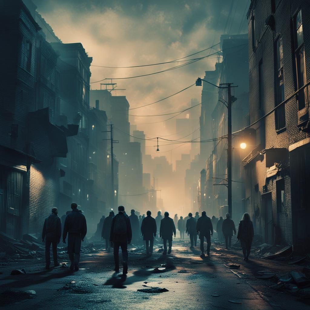 Dystopian Cityscape with Roaming Zombies in Dark Fantasy Sty...