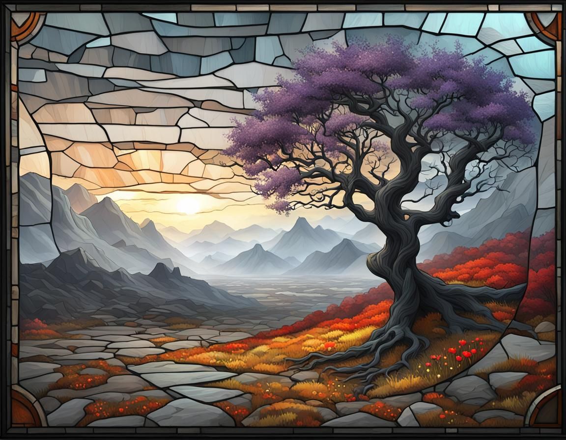 Lonely Flower in Gray Landscape, Art Deco Frame