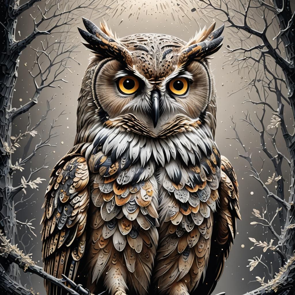 Dramatic Owl in Kinetic Pointillism Style