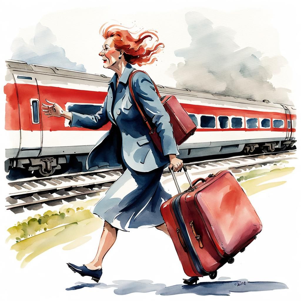 Desperate Woman Misses Train, Watercolor Illustration