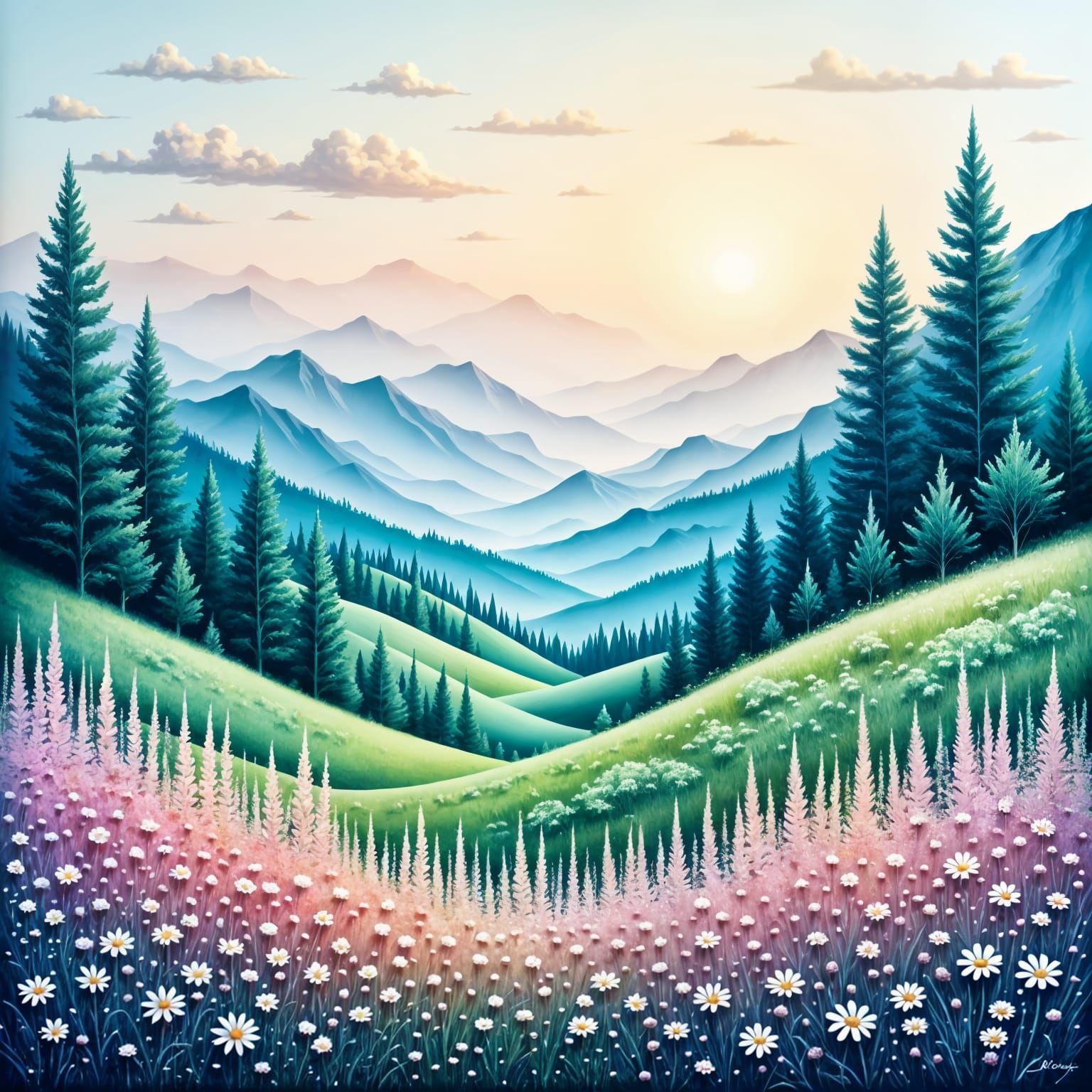 Vibrant Landscape in Teal, Indigo, and Pink