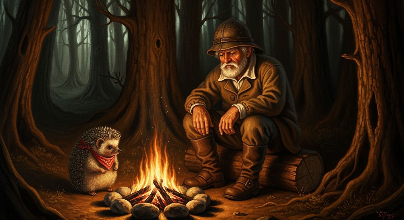 Old Explorer by Campfire in Ancient Forest, Oil Painting