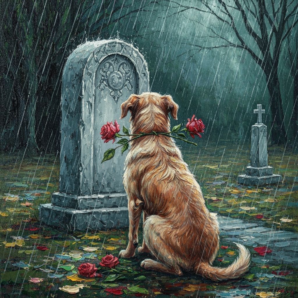 Dog with Roses at Gravestone in Rainy Gloom