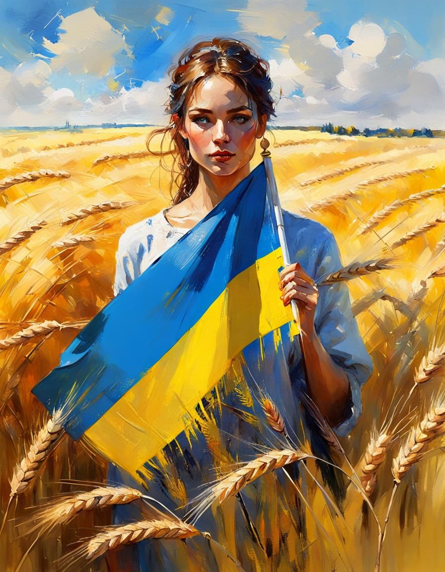 Ukrainian Girl with Flag in Watercolour Wheat Field