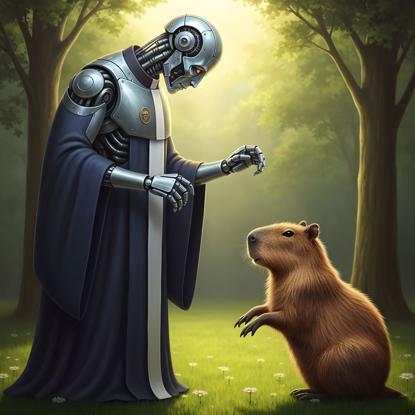 Robot Priest Blesses Capybara: Surreal Hyperrealistic Art