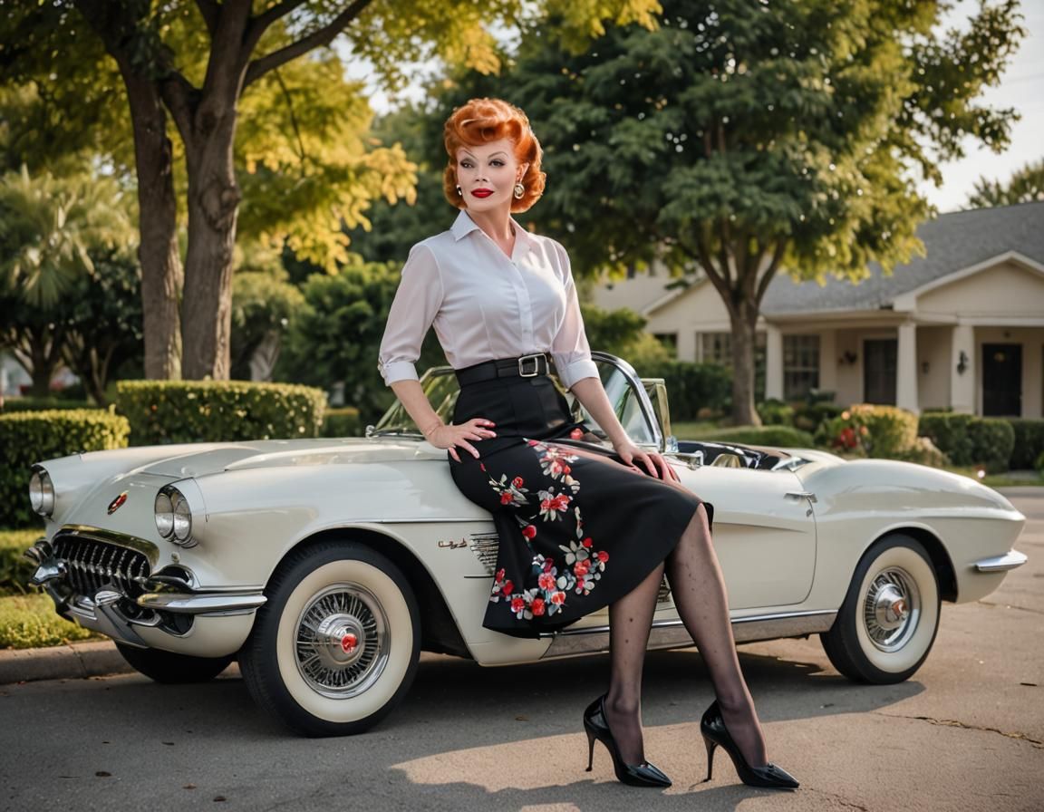 Lucille Ball Posing with Vintage Corvette in Technicolor