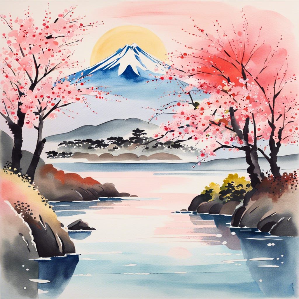 Mount Fuji Cherry Blossoms in Gouache Watercolor