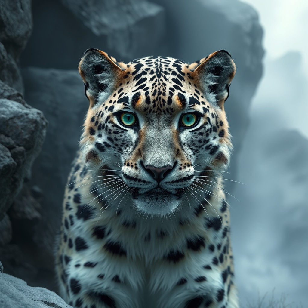 Snow Leopard in Misty Mountains, Wildlife Art
