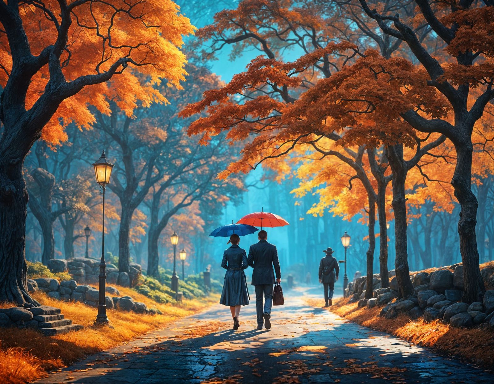 Autumn Couple Walk in Detailed Matte Painting