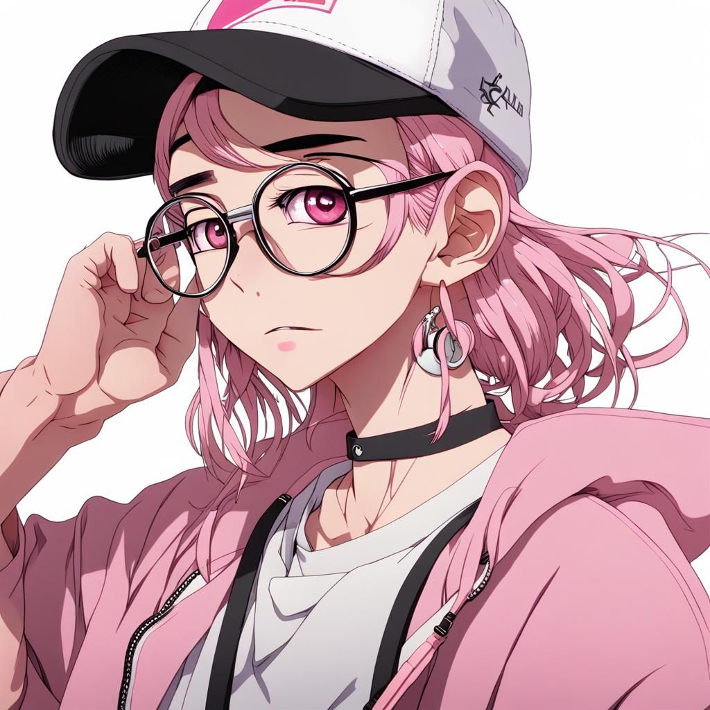 Anime Style Man with Piercings and Pink Cap
