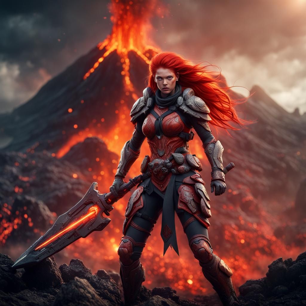 Futuristic Redhead Warrior Battles Monsters near Volcano