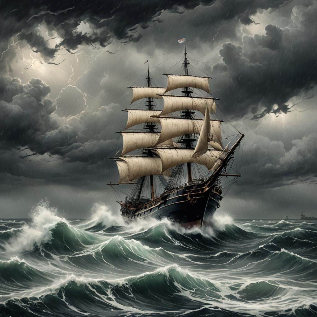 Victorian Ship in Stormy Sea: Monochromatic Gouache Painting