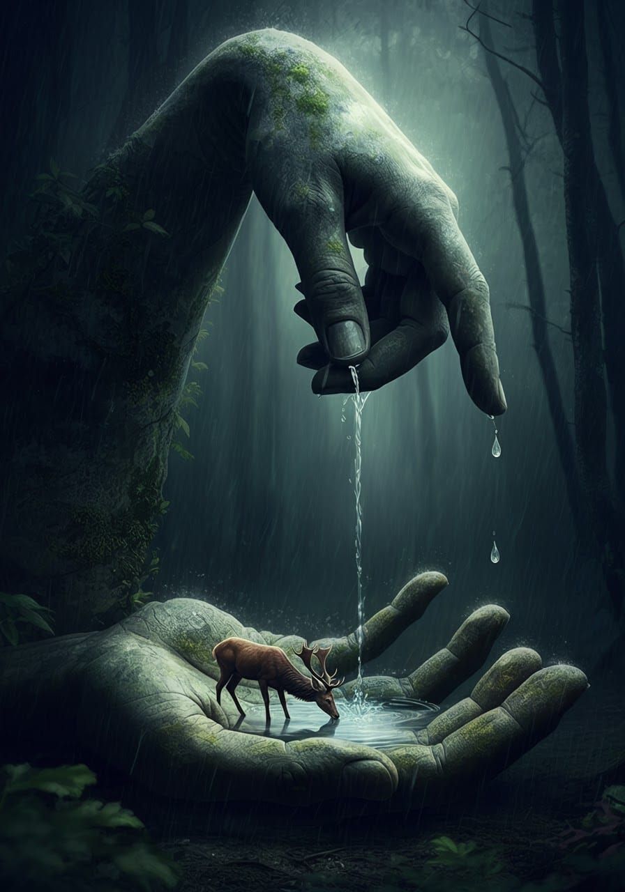 Surreal Stone Hands Emerge in Rainy Forest