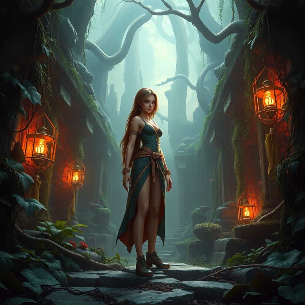 Mystical 3D Fantasy Girl in Lush Ancient Ruins