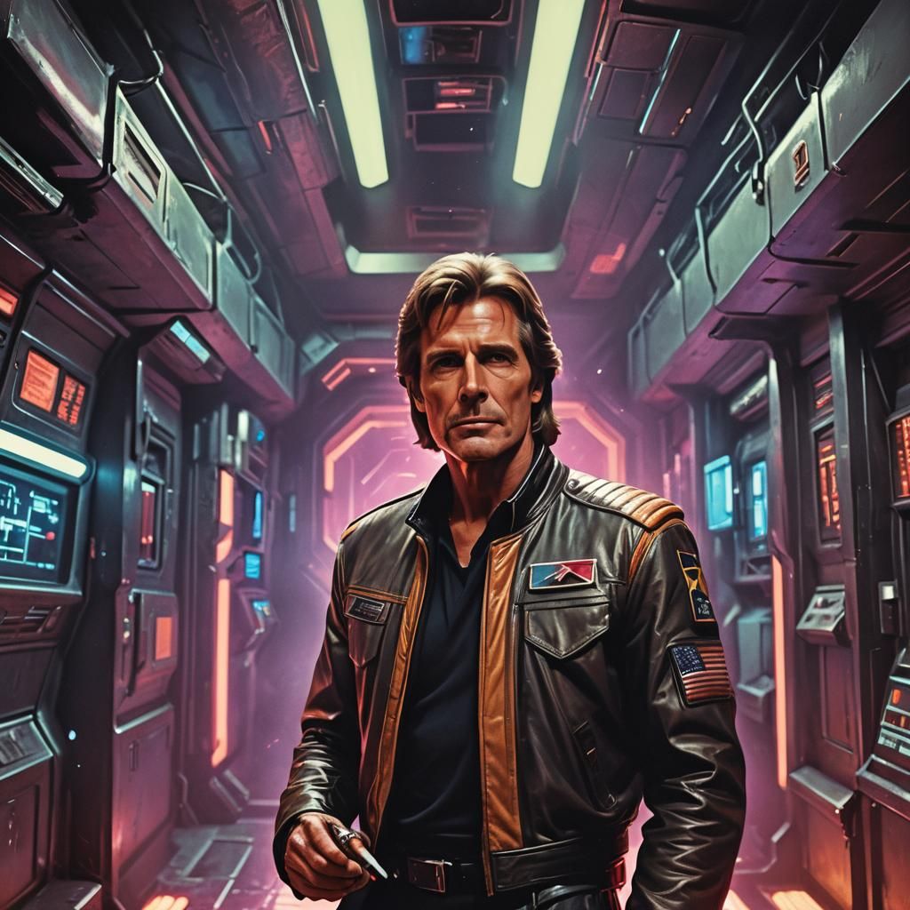 Retro Sci-Fi Character in Neon Lit Spaceship