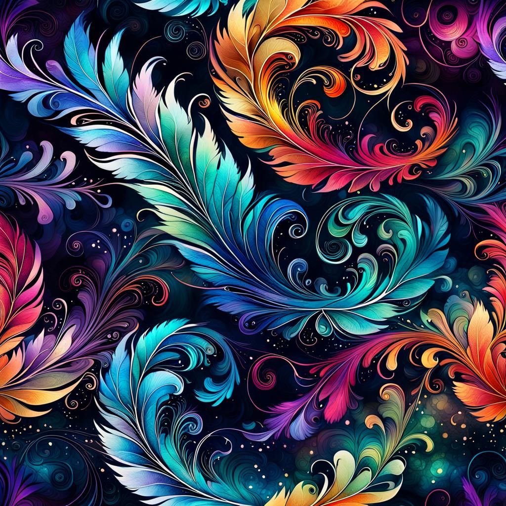 Elegant Digital Paper with Swirls and Feathers