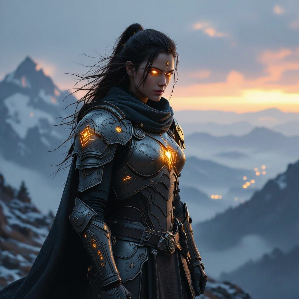 AI Warrior on Windswept Peak: Digital Painting