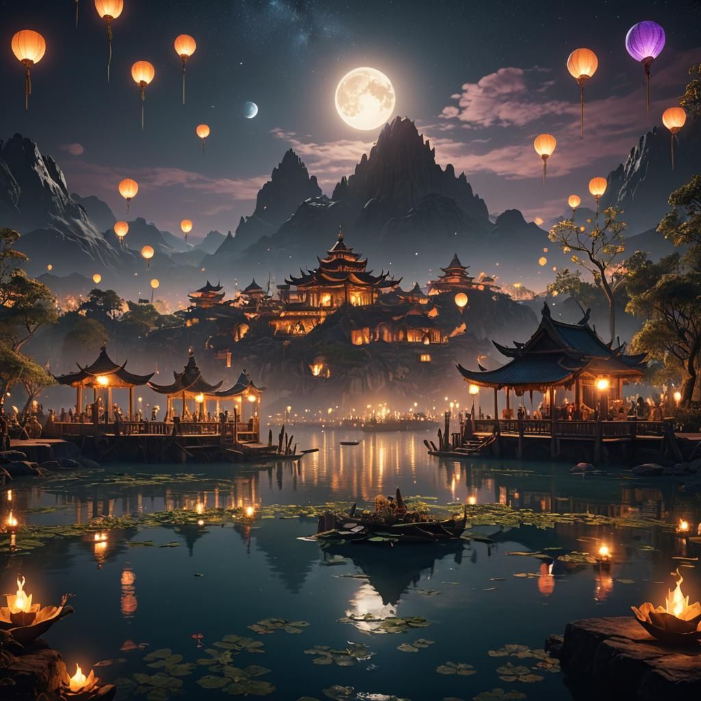 Festival of Light Over Still Lagoon, Detailed Matte Painting